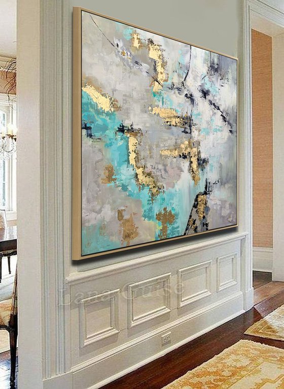 Abstract Painting - Morning Blue - 40" Large Original Gold Leaf White Grey Teal Colors