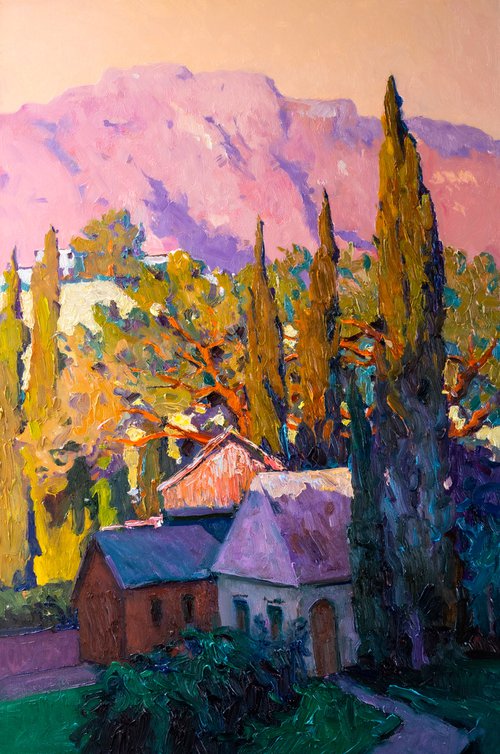 Mediterranean Landscape with Cypress Trees, Early Evening by Suren Nersisyan