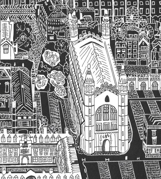 Cambridge skyline with King's College black and white drawing with (hand-cut) collage detail
