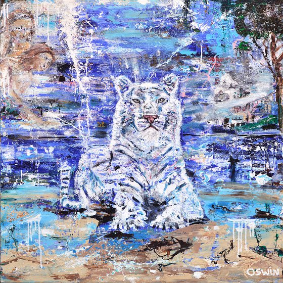 Tiger painting : WHITE TIGER DREAM - Wildlife art 100x100 cm- 39.37"x39.37"