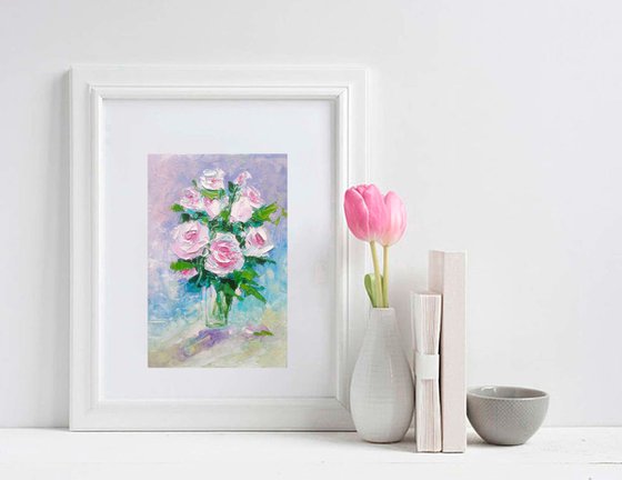 Pink Rose Painting Original Art Small Bouquet Artwork Flower Wall Art Floral Mini Oil Painting