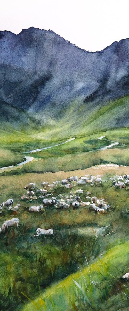 Herding sheep, Mont Blanc - Original Watercolor Painting by Yana Shvets