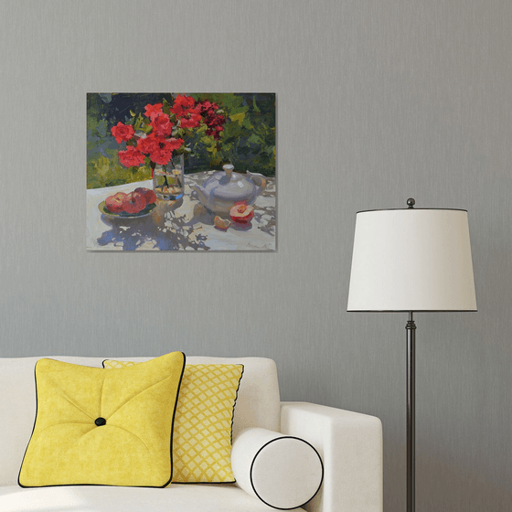 Summer Roses and White Teapot