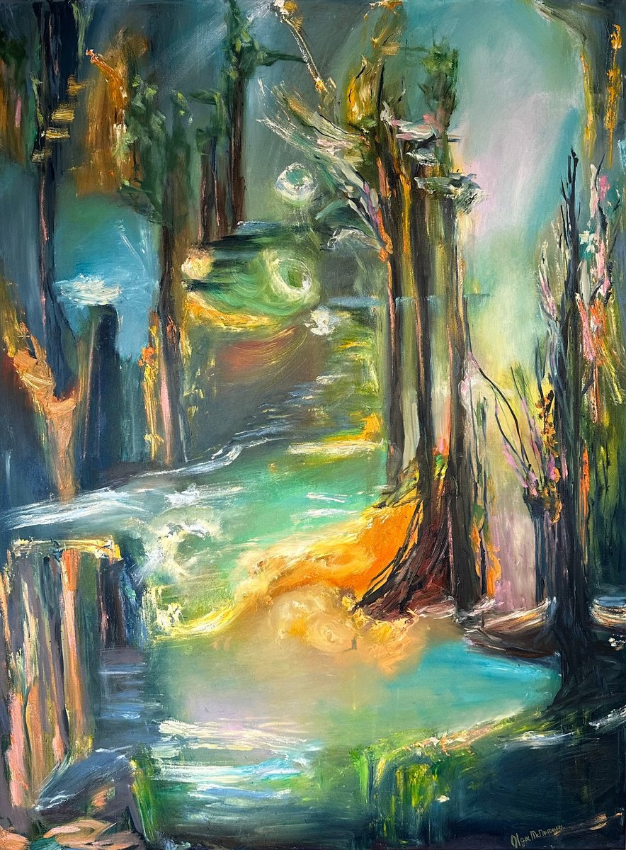 Abstract Oil Painting By Olga Mcnamara Biennaleartist, 36 X 48", Magic Forest/The Roads We Take, Original Artwork