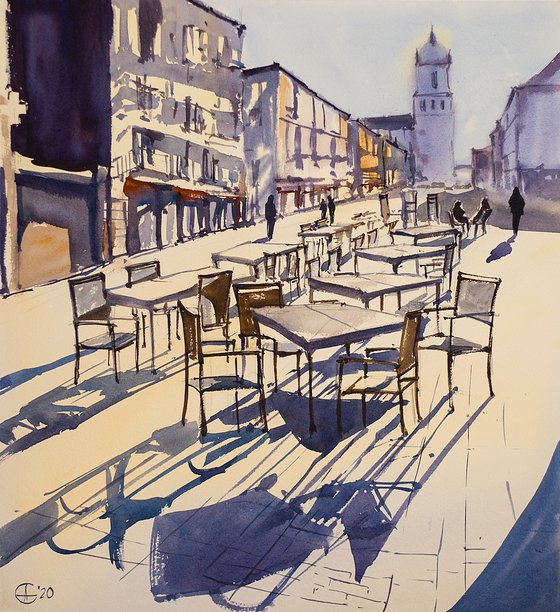 Salamanca. Sun and shadow. Street scene. Medium size original watercolor painting interior drama contrast urban decor