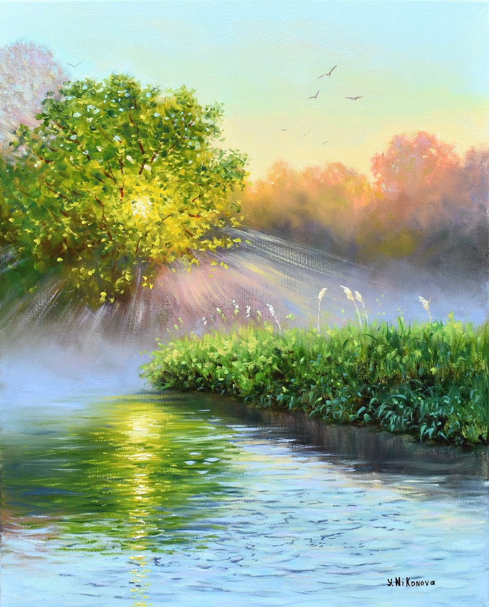 Impressionistic Landscape Oil Painting By Yulia Nikonova, 16 X 20", Morning Radiance, Original Artwork