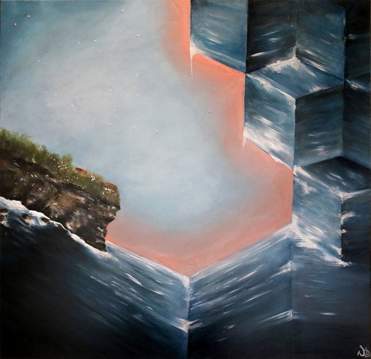 Surrealistic Landscape Oil Painting By Vanessa T Stefanova, 30 X 30", Stacking Oceans, Original Artwork