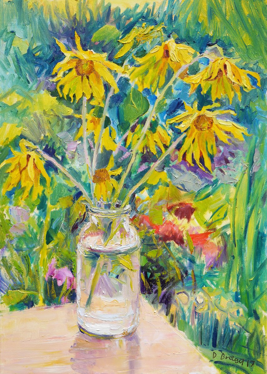Impressionistic Botanical Oil Painting By Dima Braga, 20 X 28, Sunflowers, Sunny Day, Original Artwork