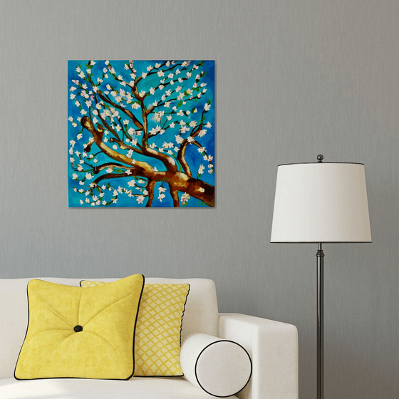 Almond blossom on turquoise inspired by Vincent Van Gogh oil painting ready to hang