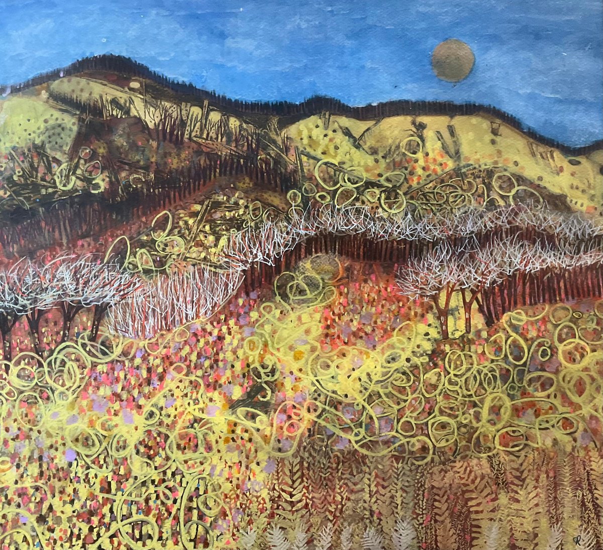 Abstract Landscape Watercolour By Gwendolyn Fleming, 21 X 20, Wheat Fields, Original Artwork