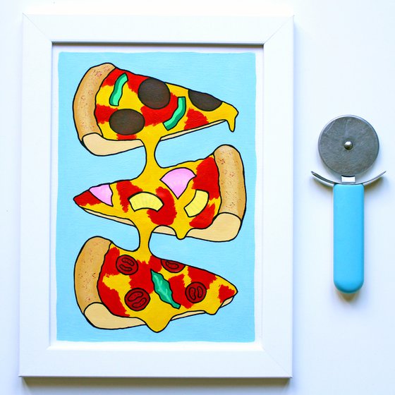 Pizza Three Slices Pop Art Painting on A4 Unframed Paper