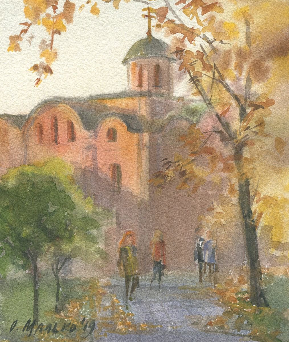Autumn Podil / Fall watercolor Terracotta church by Olha Malko