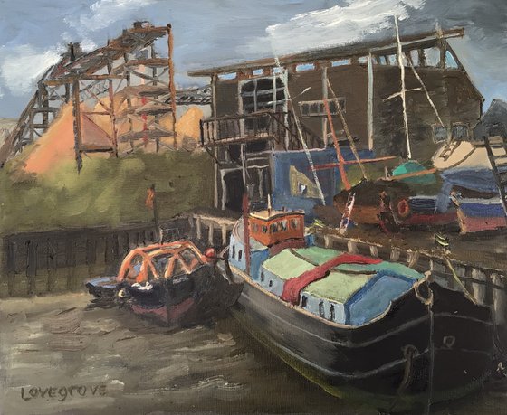 Dutch barge at Greenwich, London. Oil painting