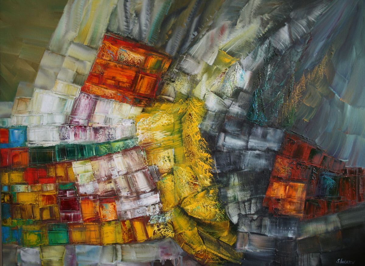 Abstract Oil Painting By Sergei Inkatov, 47 X 35", Reflection, Original Artwork