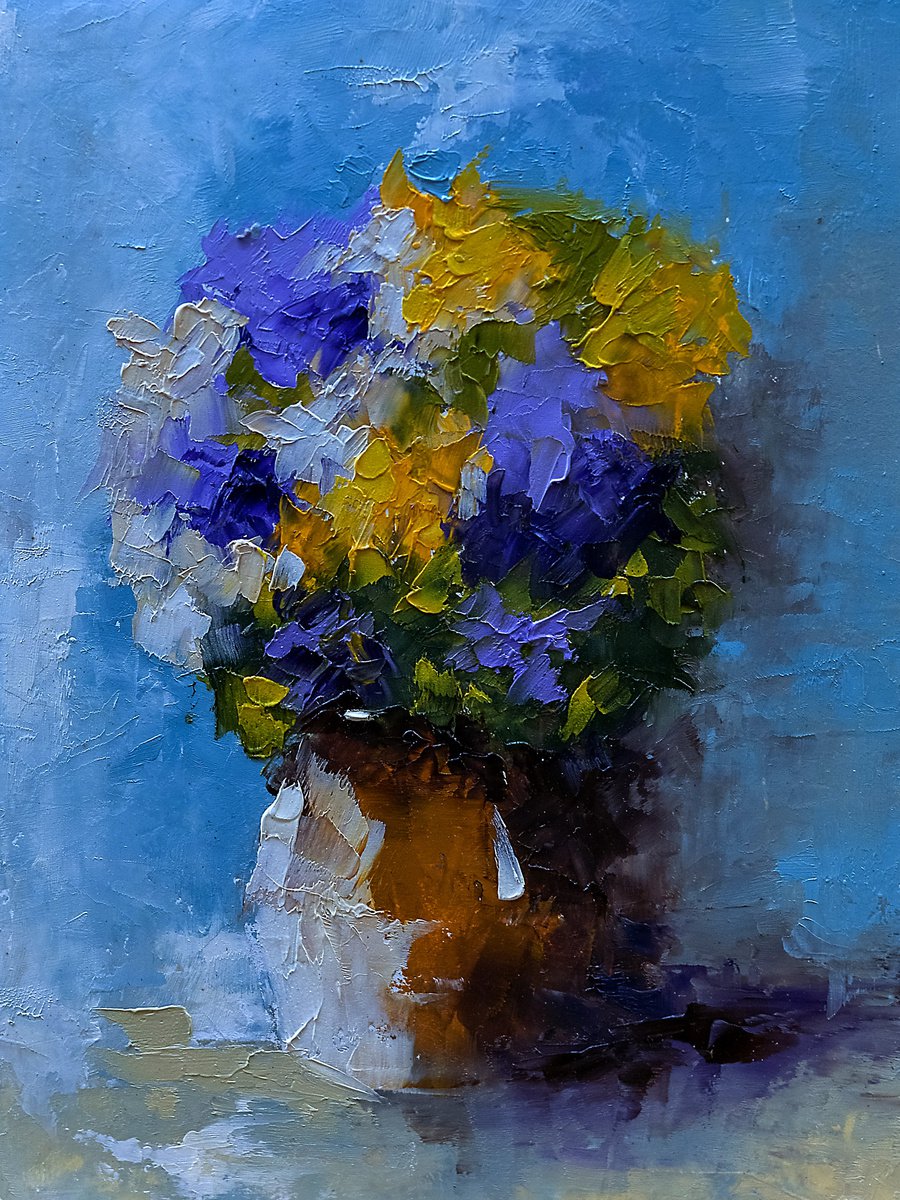 Still life painting with flowers in vase. Gift idea for her