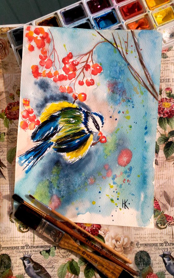 Chickadee Painting Bird Original Art Small Bluetit Original Watercolor Artwork Home Wall Art 7 by 10" by Halyna Kirichenko