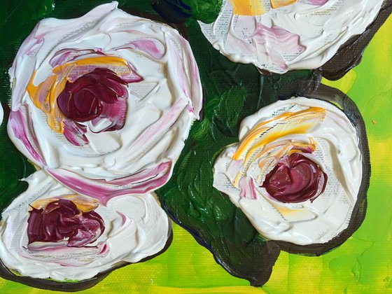 BOUQUET OF White Roses  #10 palette  knife Original Acrylic painting office home decor gift