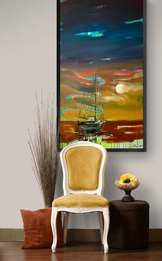Big Vertical painting - "Orange sunset" - Boat - Sailboat - Seascape - Ocean - Sunset