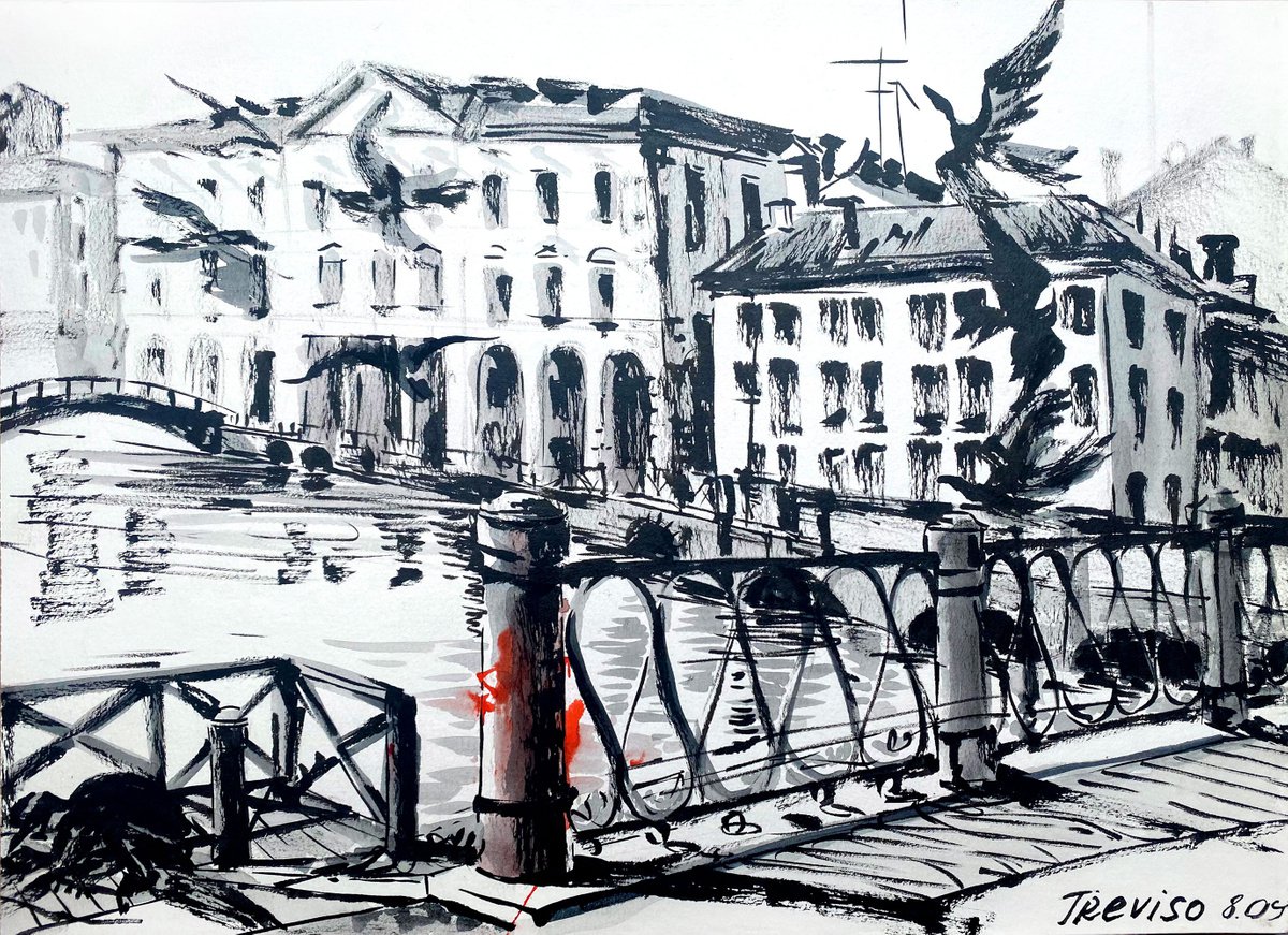 Impressionistic Ink Drawing , Riviera Garibaldi, Treviso By Elena Yuzefovich, 16 X 12, Artwork For Sale On Artfinder