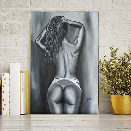 In dreams, erotic nude oil painting, Gift idea, black and white oil painting by Nataliia Plakhotnyk
