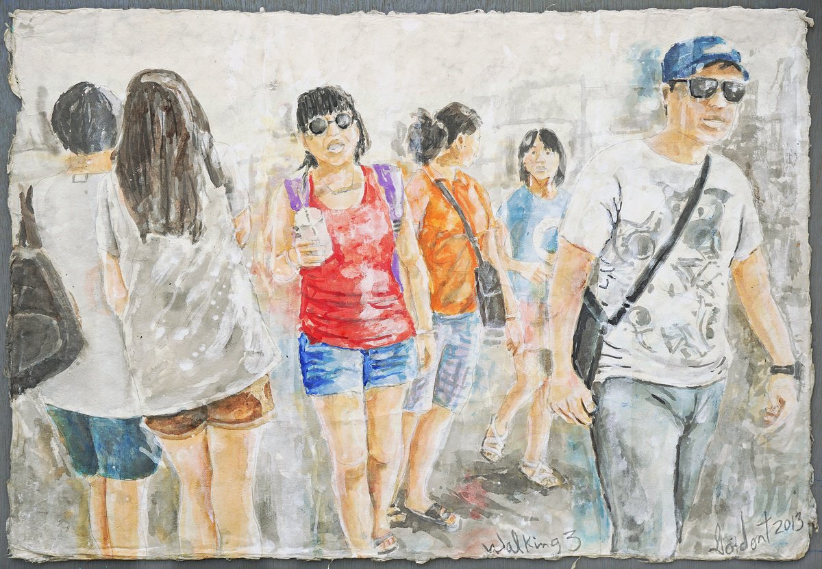 Expressive Portrait Acrylic Painting By Gordon T., 31 X 21, Walking 3, Original Artwork