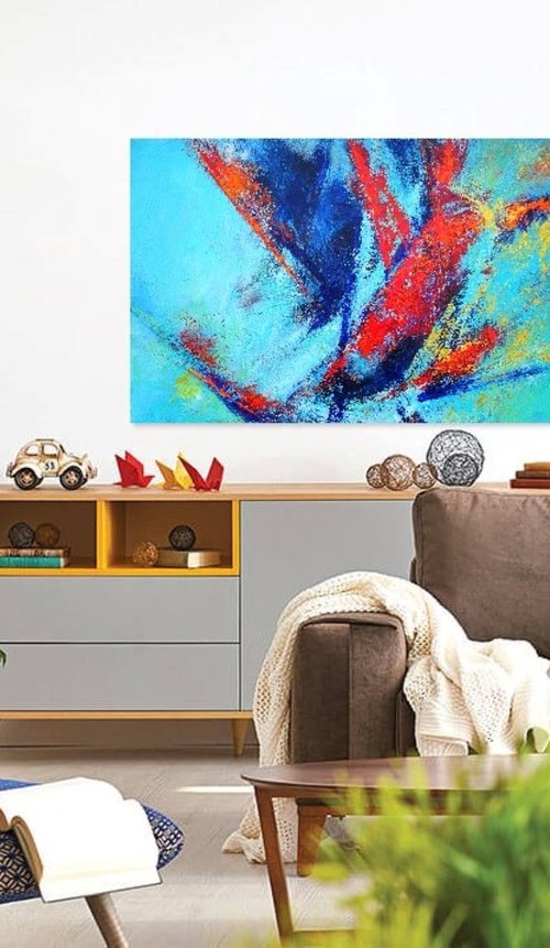 Large Abstract Blue Teal Red Landscape Painting. Modern Textured Art. Abstract. 61x91cm. by Sveta Osborne