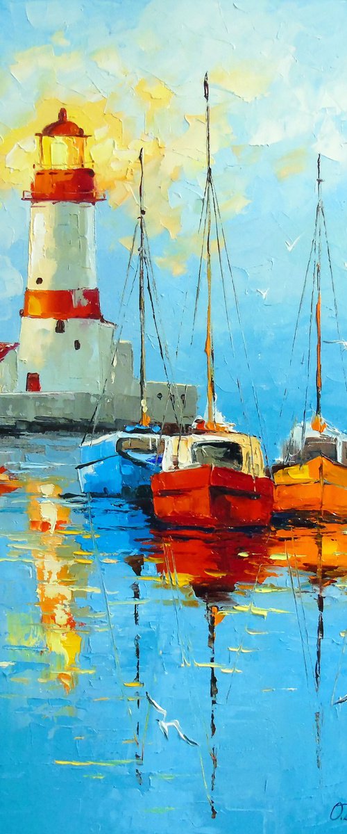 A Quiet Harbor by the Lighthouse by Olha Darchuk