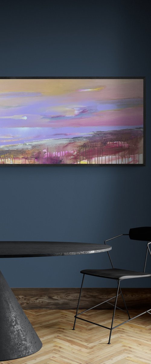 Bright horizontal painting - "Violet sunset" - Landscape - Expressionism - Seascape - Sunset by Yaroslav Yasenev