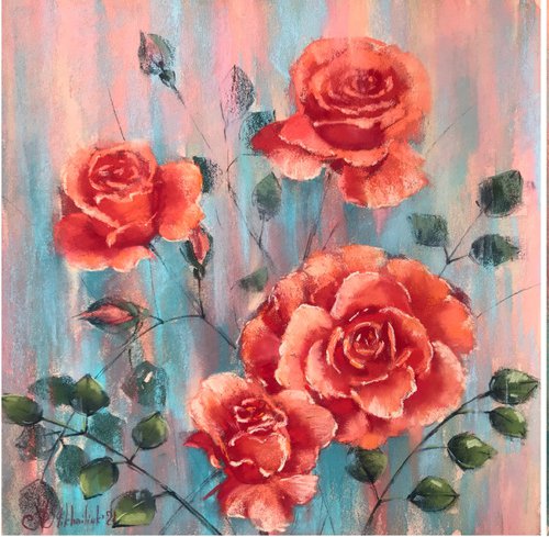 Shining Rosebush (Corals in Rose Garden), triptych by Nataly Mikhailiuk