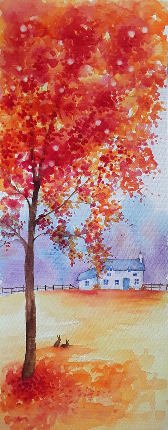 Autumn Cottage, Fall, Autumn, Autumnal Watercolour