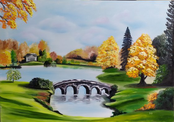 Stourhead gardens ,Wiltshire England, original park landscape oil painting