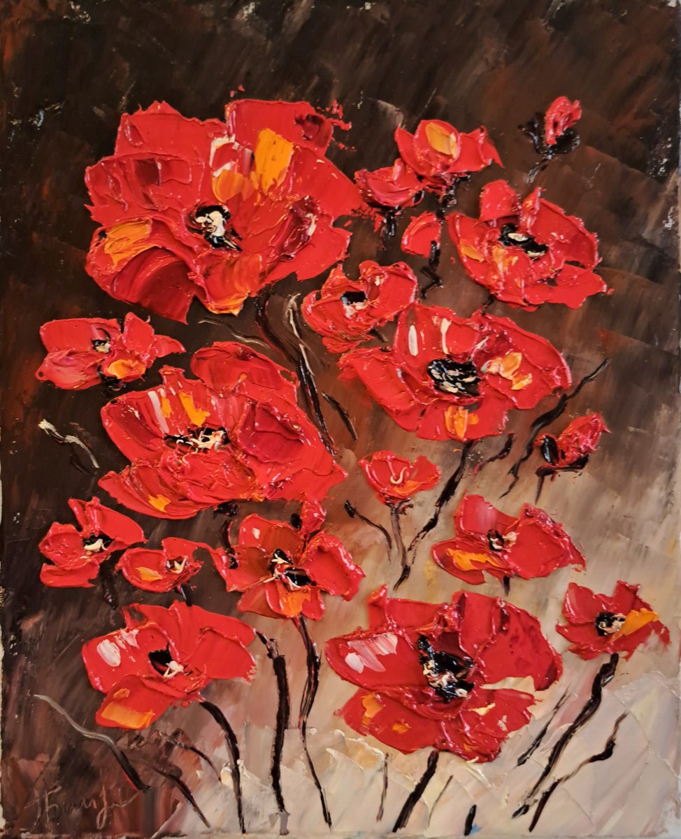 Impressionistic Botanical Oil Painting By Oksana Fedorova, 9 X 12", Red Poppies Brown Background, Original Artwork