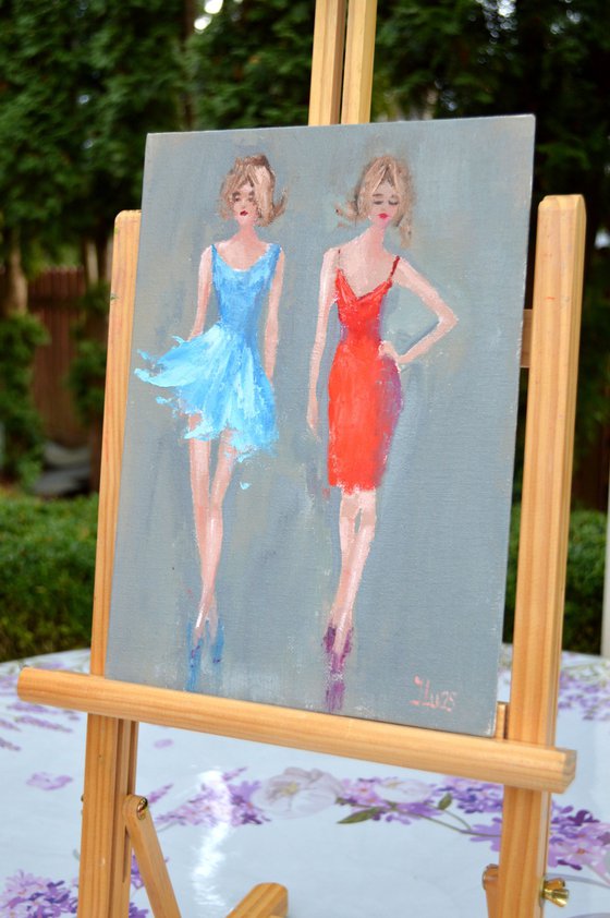 Funny fashionistas in blue and red Miniature