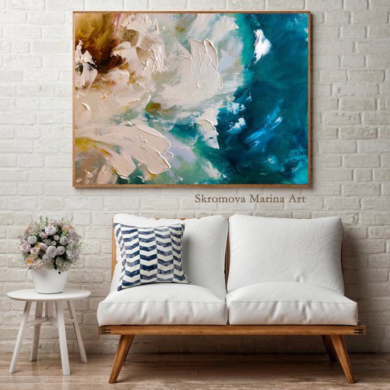 HEAVENLY WAVES - Abstraction. White peony. Macro flowers. Great art. Blue shades. 3d flower. Macro peony. Wall art with flowers.