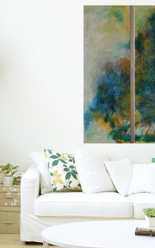 Cosmic Cloud - large abstract mixed media diptych by Karin Goeppert