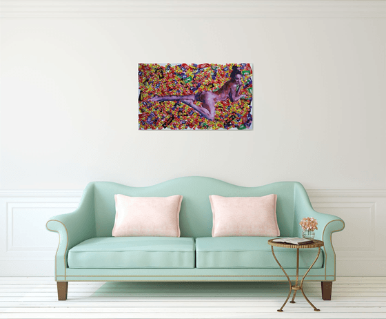 Nude woman painting with candy background
