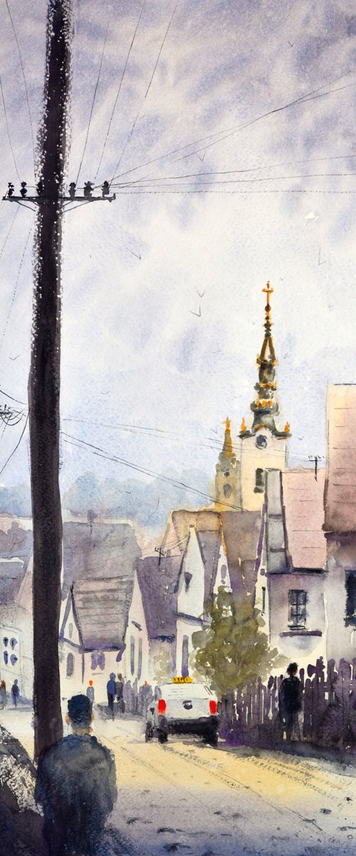 Cloudy day in Zemun Belgrade 23x54cm 2022 by Nenad Kojić watercolorist