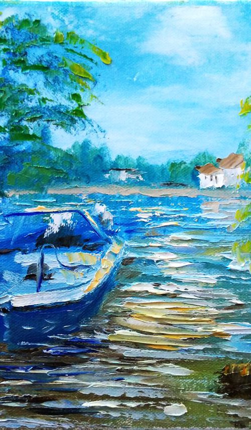 Fishing boat on the river. Plein air painting by Dmitry Fedorov