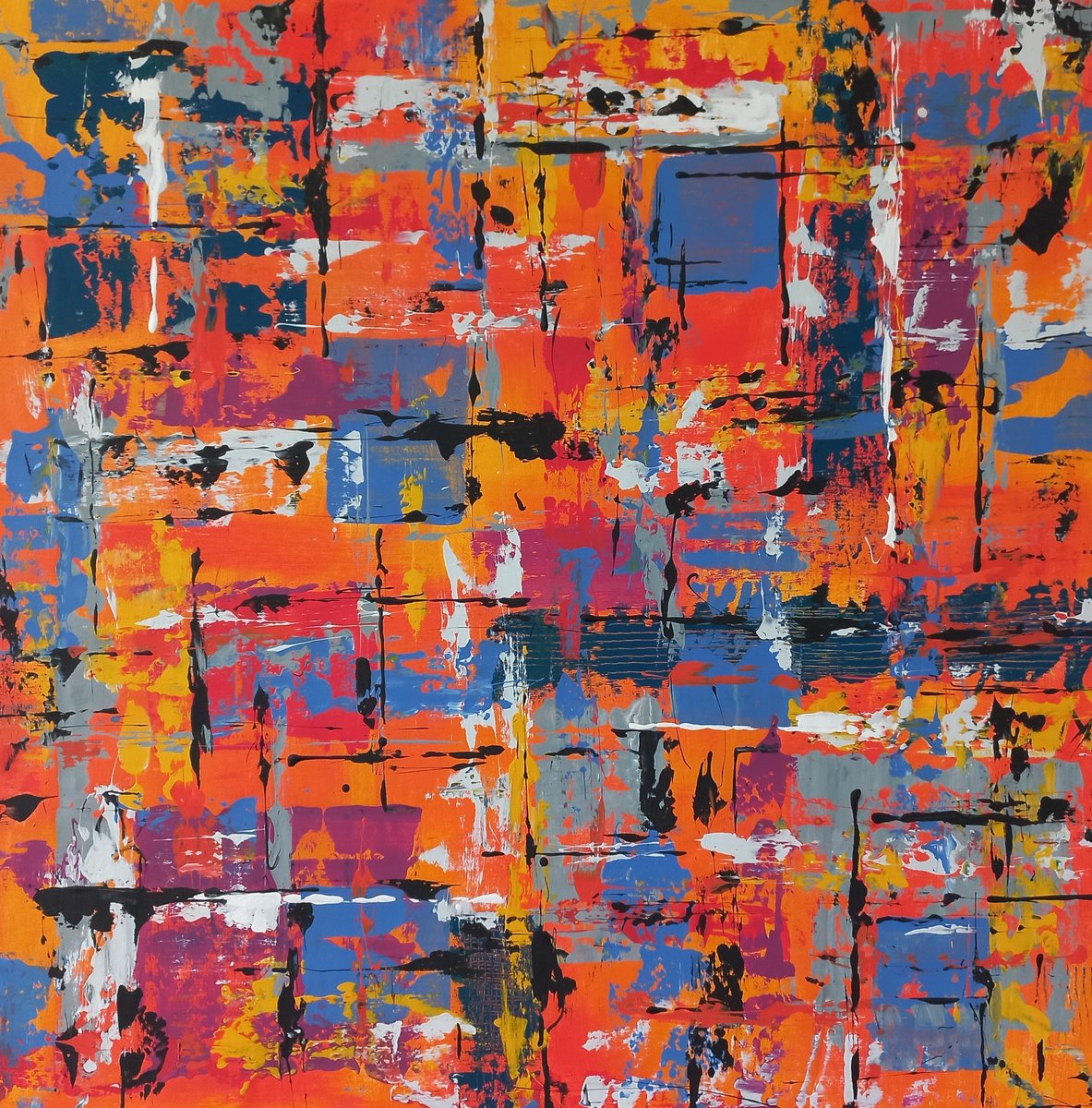 Abstract Acrylic Painting By Max Yaskin, 41 X 41", The Orange Cube By M.y., Original Artwork