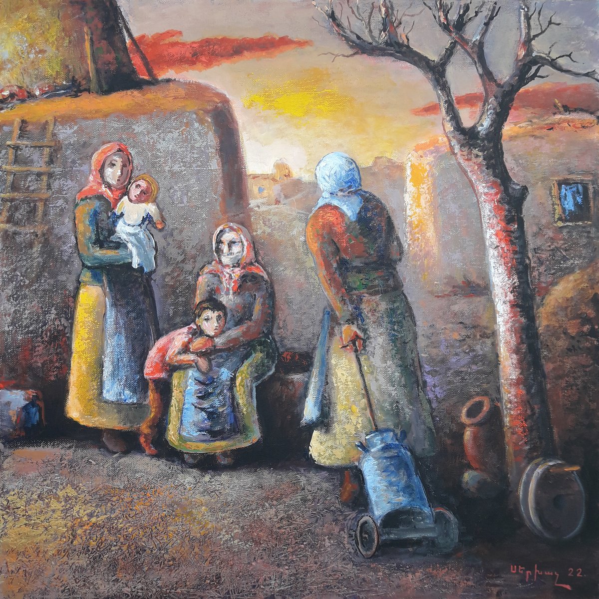 Impressionistic Landscape Oil Painting By Sergey Xachatryan, 24 X 24", Idle Women, Original Artwork