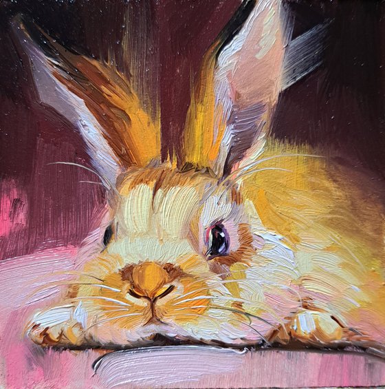 Rabbit painting original framed 4x4, Small painting hot pink cute rabbit artwork