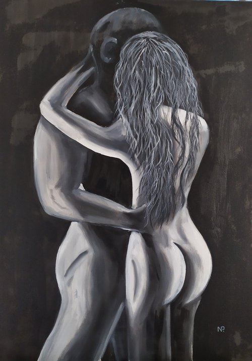 Couple in love, nude erotic oil painting, gift idea, art for home by Nataliia Plakhotnyk