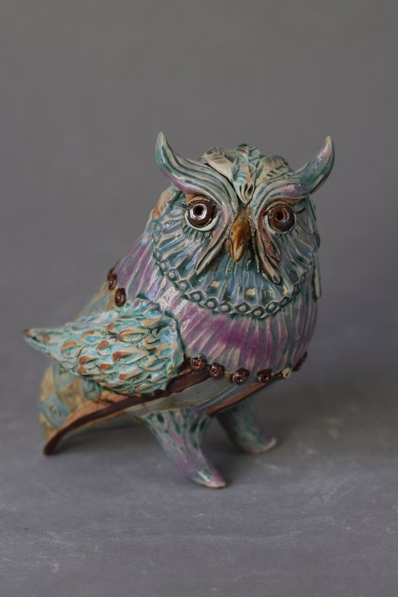 Tender Owl in Blue. Ceramic OOAK sculpture.