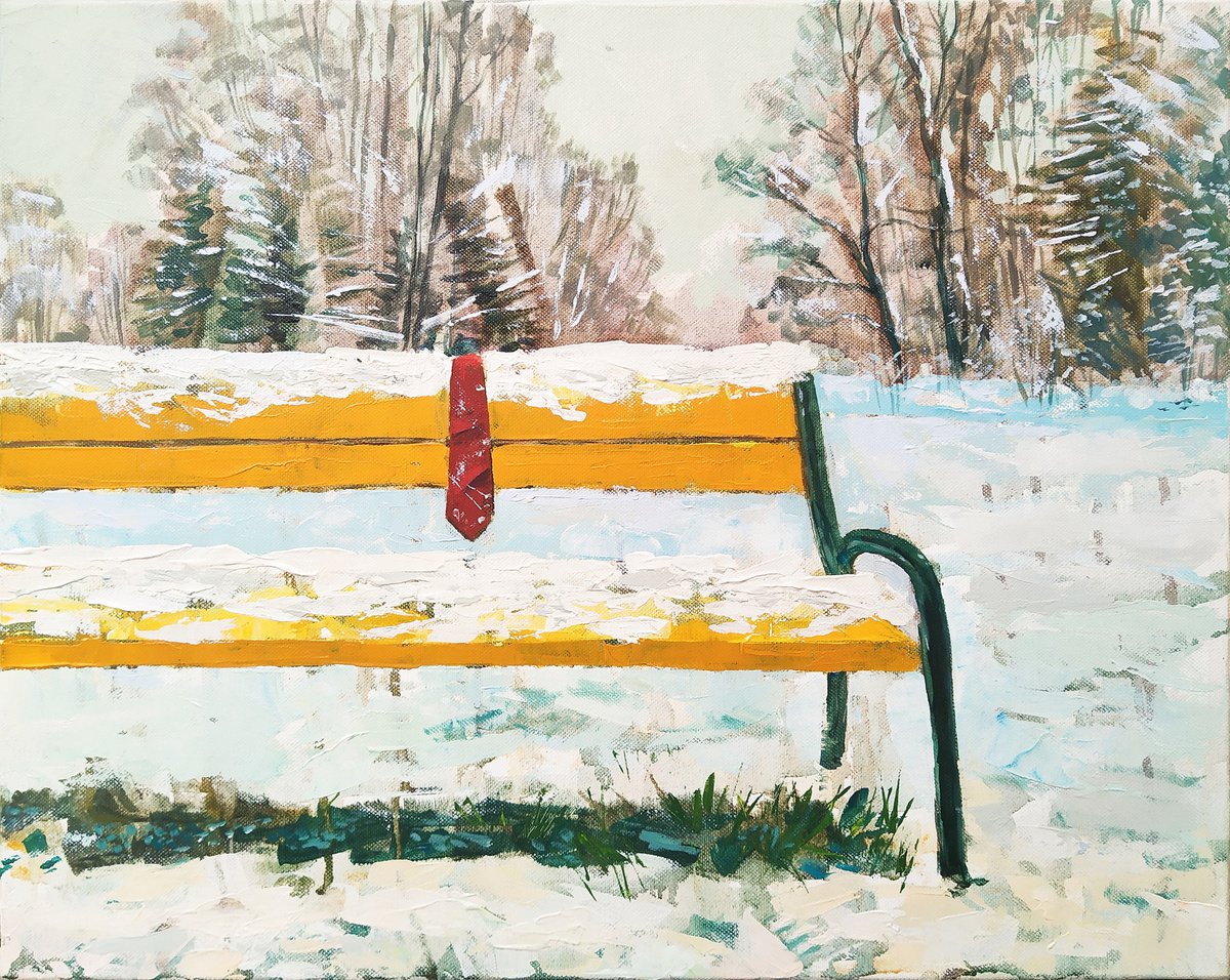 Red Tie and Yellow Bench by Alexander Mikhaylov