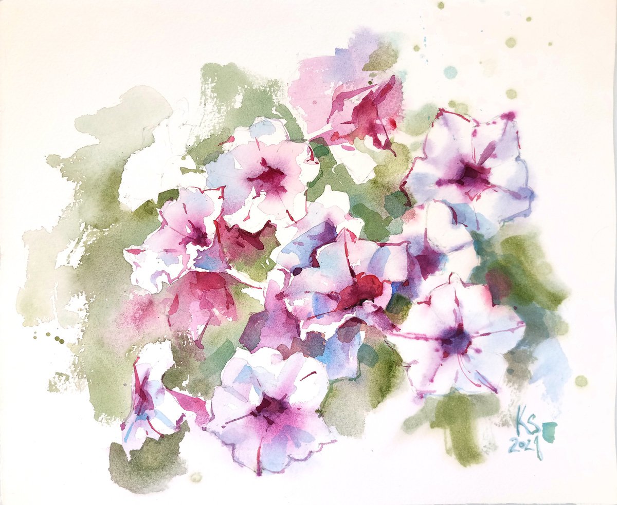 Dance of summer flowers original watercolor artwork in small format by Ksenia Selianko