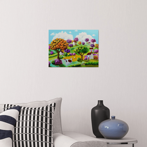 Cow folk art landscape painting