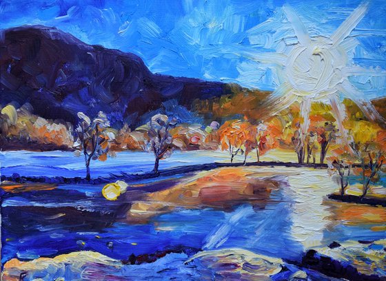 Norway mountain landscape original oil painting on canvas, winter sunset forest lake