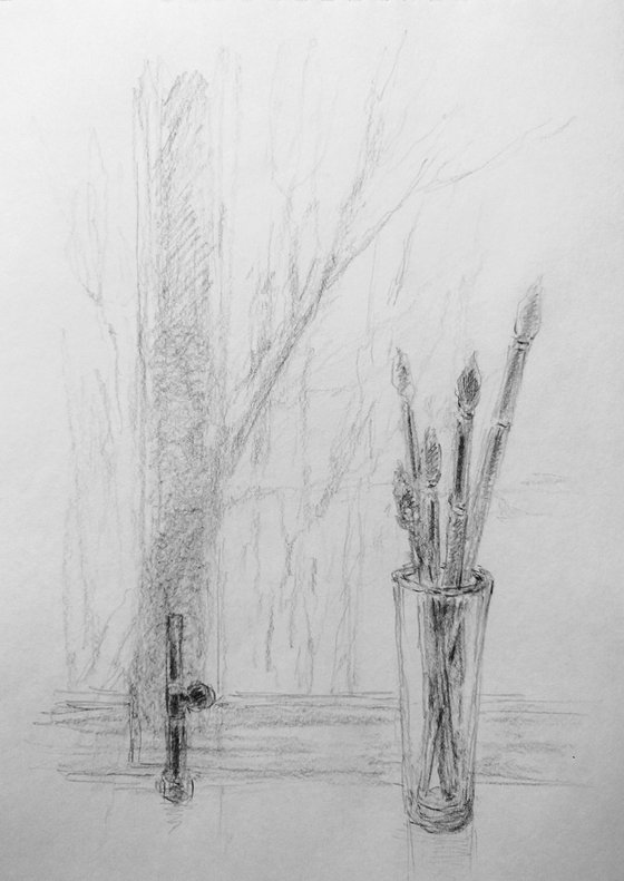 Window. Sketch. Original pencil drawing on paper