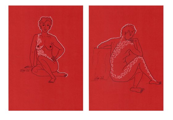 Set of 2 nude women - Red and white sensual diptych - Erotic mixed media drawings