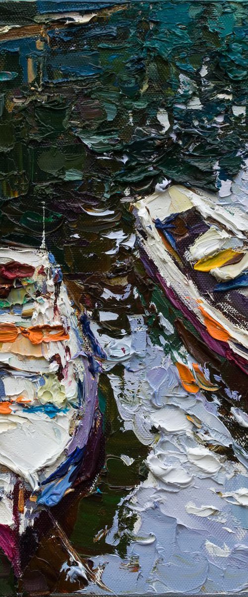 Moored rowing boats #2- Original oil seascape painting by Anastasiia Valiulina